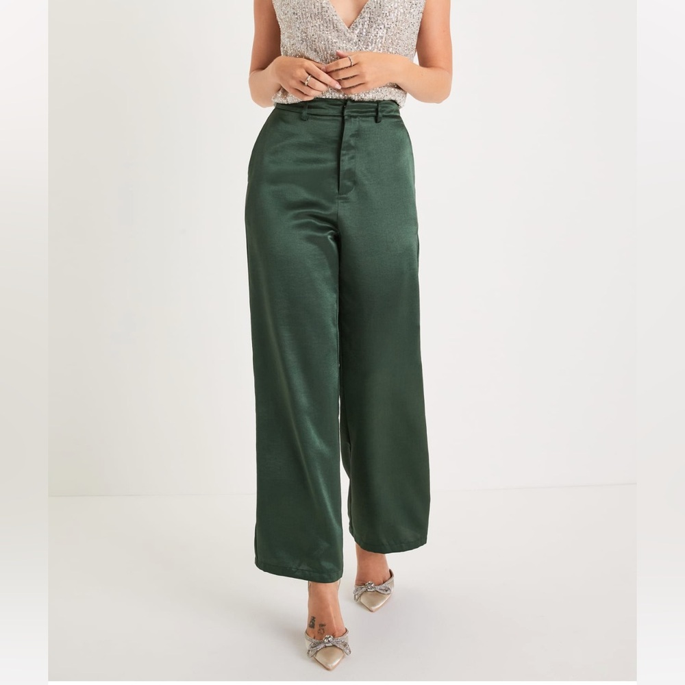 Sleek Statement Emerald Green Satin High Rise Wide-Leg Trousers- Lulus